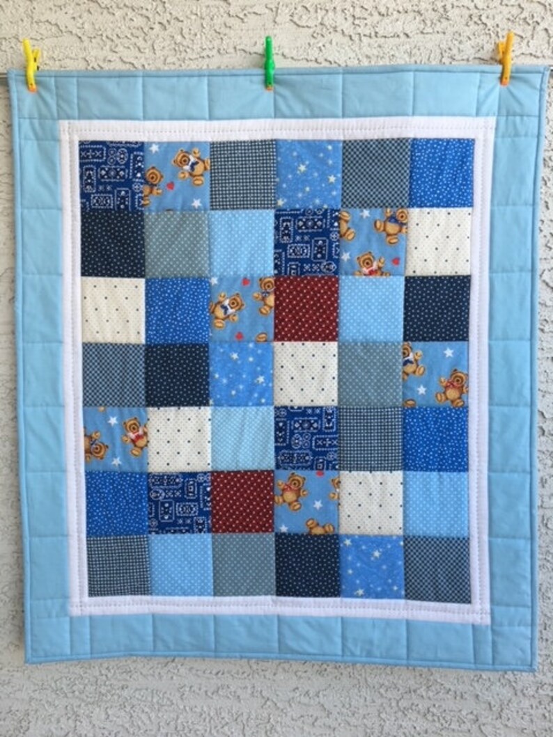 Teddy Bear Quilt, Baby Boy Quilt, Handmade Baby Quilt, Blue Quilt