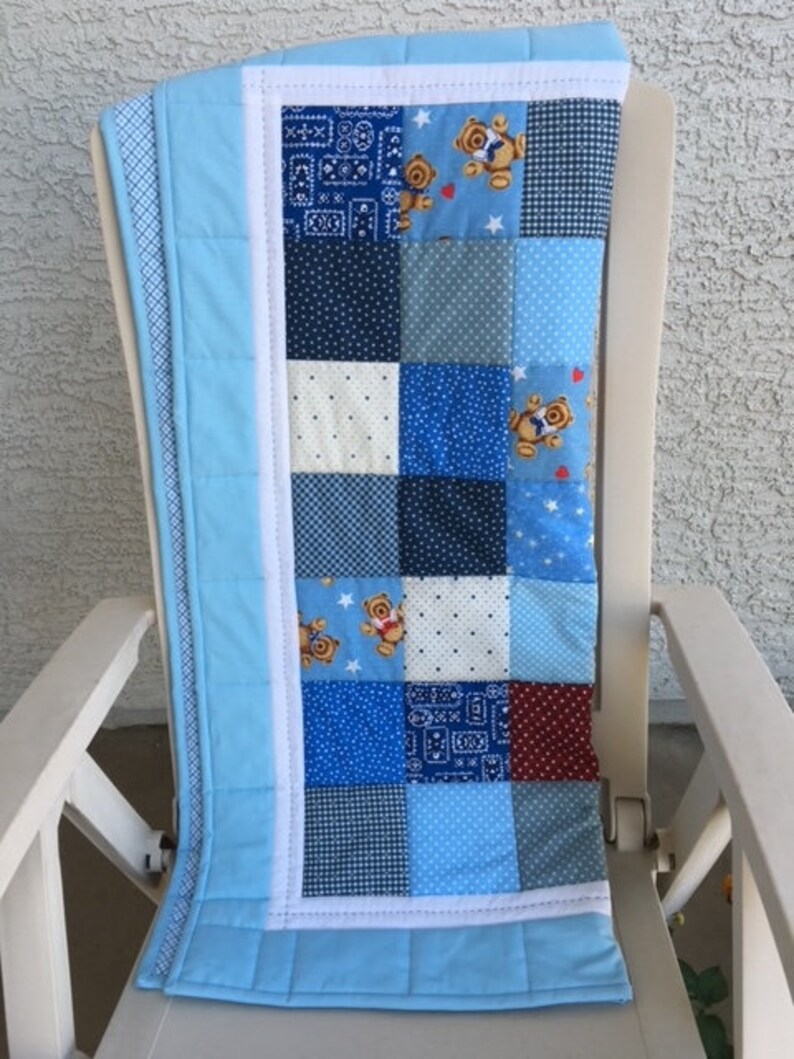 Teddy Bear Quilt, Baby Boy Quilt, Handmade Baby Quilt, Blue Quilt