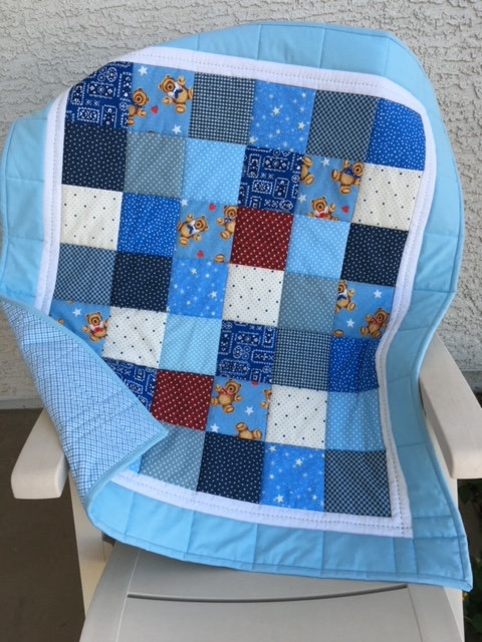 Teddy Bear Quilt, Baby Boy Quilt, Handmade Baby Quilt, Blue Quilt