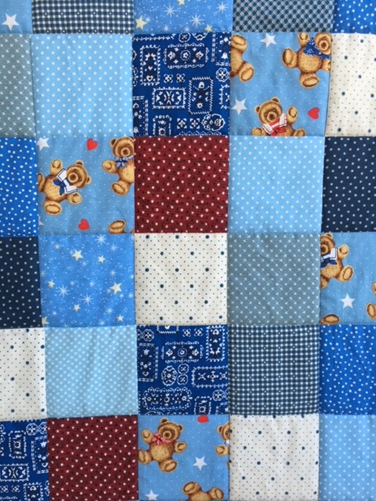 Teddy Bear Quilt, Baby Boy Quilt, Handmade Baby Quilt, Blue Quilt