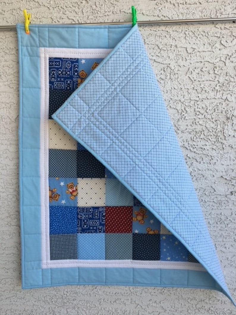 Teddy Bear Quilt, Baby Boy Quilt, Handmade Baby Quilt, Blue Quilt