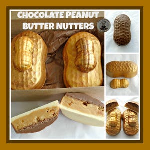 May include: Chocolate Peanut Butter Nutters. The image displays peanut-shaped chocolates, some whole and some cut to show layers of peanut butter and chocolate. The chocolates are gold and brown, with the text "CHOCOLATE PEANUT BUTTER NUTTERS" at the top.