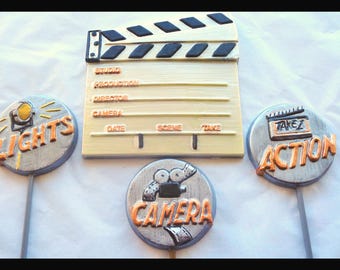 Hand-Painted Chocolate Film Set:  Movie Clapperboard & Themed Lollipops - Cake Toppers