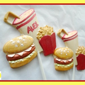 Chocolate Burger Lollipops/Pretend Food/Fake Burger Fries Shake/Personalised Birthday Party Lollipop/Fun chocolate kid/children/boy/girl/son