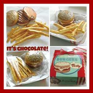 Cheeseburger Chocolate Gift/Fake Burger/Fries/Chips/Fast Food/Pretend Food/Novelty Edible Gift/Boyfriend/Husband/Brother/Girlfriend/Teenager image 1