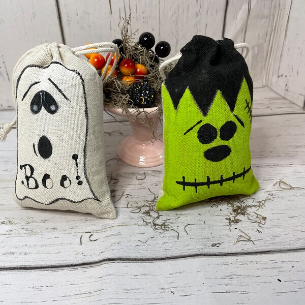 Mini Fall and Halloween Sacks, Halloween & Fall tiered tray decor, Canvas pouch with drawstring, Hand-painted Frankenstein, Ghost, Pumpkin