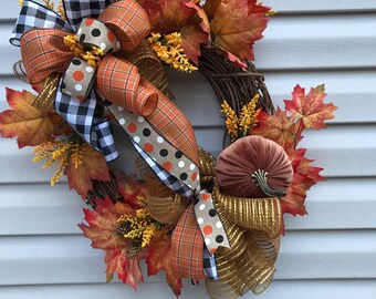 Velvet Pumpkin Fall Grapevine wreath, Autumn Decor, Buffalo Plaid Ribbon