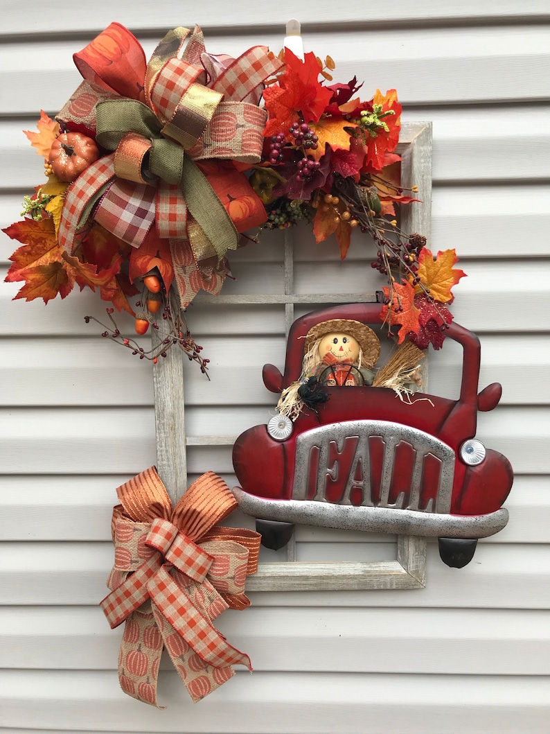 Tin Car Door Hanger Autumn Decor Scarecrow Decor Rustic Fall Fall Decor Fall Window Arrangement Leaf Decor Crow Accent Pumpkin Decor