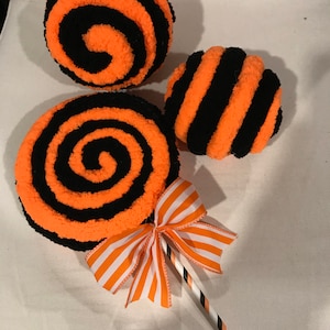Set of Fuzzy Yarn Balls and Lollipop, Bowl Fillers, black and orange, Halloween decor