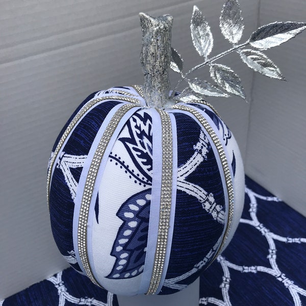 Glam Designer Fabric Pumpkin, Blue and White Sparkly Pumpkin