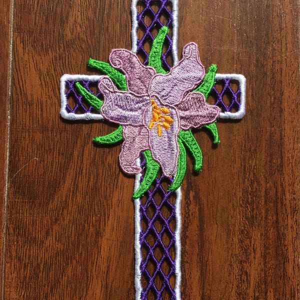 FSL Cross - 2 sizes 4x4 or 5x7 hoop - Cross with Lily - FSL cross bookmark - Free standing Lace embroidery - Free standing lace cross