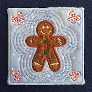 Gingerbread boy - mug rug - coaster -Machine embroidery -  in the hoop design -ITH - seasonal sweets design