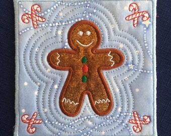 Gingerbread boy - mug rug - coaster -Machine embroidery -  in the hoop design -ITH - seasonal sweets design