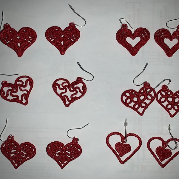 FSL Heart Earring Embroidery Design -  Free Standing Lace heart Earrings - 6 heart styles - Heart Earrings