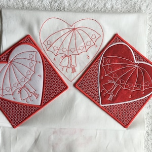 Umbrella Love Valentine Redwork and Mug Rug - In the hoop - ITH - 5x7 design - Valentine Mug Rug - Valentine Redwork - Umbrella love design