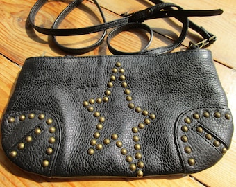 Vintage Thierry Mugler Black Leather Shoulder Bag, 1990s Star Studded