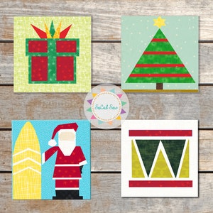 8&quot; Christmas quilt block bundle set - four foundation paper pieced quilt blocks drum Christmas tree Santa package gift pattern FPP