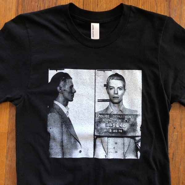 David Bowie 1976 Mugshot Screen Printed Black T Shirt Mens & Womens Sizes glam rock punk
