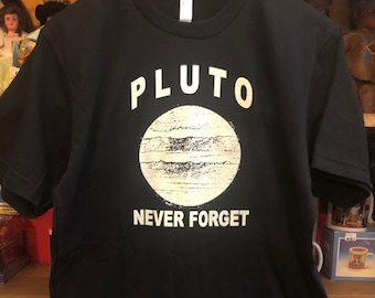 Never Forget Pluto Glow in The Dark Ink Screen Printed Unisex Black T Shirt