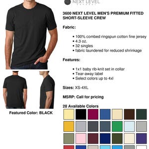 May include: A black short-sleeve crew neck t-shirt with the text "3600 NEXT LEVEL MEN'S PREMIUM FITTED SHORT-SLEEVE CREW" and "Featured Color: BLACK". The t-shirt is made of 100% combed ringspun cotton fine jersey, 4.3 oz., 32 singles, and is fabric laundered for reduced shrinkage. The t-shirt has a 1x1 baby rib-knit set in collar, a tear-away label, and is available in sizes XS-4XL. The t-shirt is available in 28 colors.
