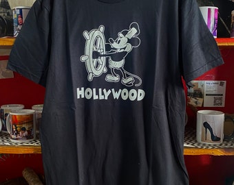 HOLLYWWOOD Steamboat Willie Screen Printed Black T Shirt Los Angeles California