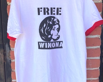 FREE WINONA White and Red Ringer T Shirt Winona Ryder Screen Printed