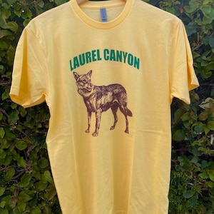 Laurel Canyon Coyote Silk Screen Printed Yellow T-Shirt womens and mens sizes Los Angeles