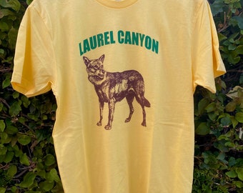 Laurel Canyon Coyote Silk Screen Printed Yellow T-Shirt womens and mens sizes Los Angeles