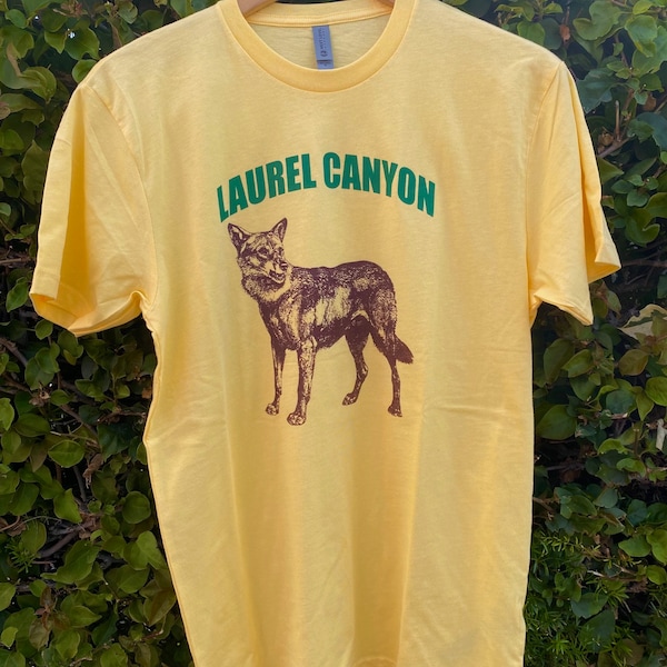 Camiseta amarilla serigrafiada con el logo de Coyote de Laurel Canyon, tallas para mujer y hombre, Los Ángeles