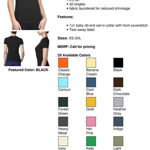 May include: A black t-shirt with the text "N3900 NEXT LEVEL LADIES' BOYFRIEND T-SHIRT" and a list of features and fabric details. The shirt is available in 29 colors, including classic orange, banana cream, black, cool blue, dark chocolate, forest green, gold, heather gray, heavy metal, hot pink, ivory, kelly green, light olive, light pink, maroon, midnight navy, mint, purple, and purple.