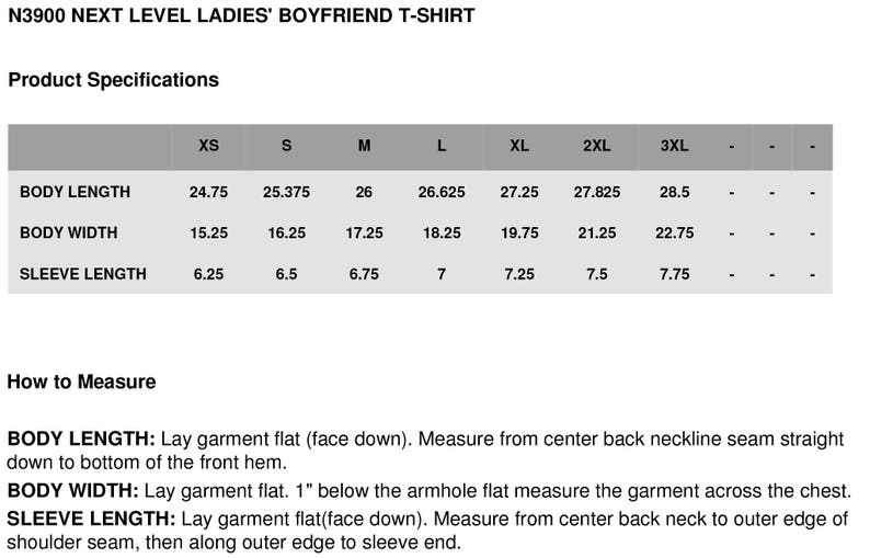 May include: Size chart for a t-shirt with measurements in inches for body length, body width, and sleeve length. Sizes range from XS to 3XL.