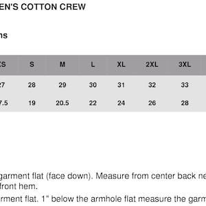 May include: Size chart for a cotton crew neck shirt. The chart shows the body length and width in inches for sizes XS to 4XL.
