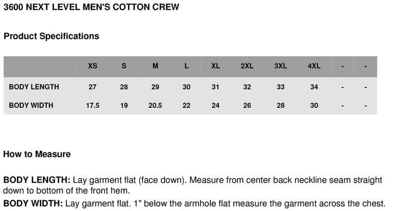 May include: Size chart for a cotton crew neck shirt. The chart shows the body length and width in inches for sizes XS to 4XL.