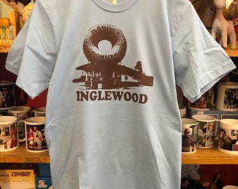 Inglewood California Screen Printed Tan T Shirt Randy's Donuts Los Angeles Big Donut South LA