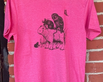 Capybara Owl Mouse Screen Print T-Shirt: Super Buddy Rodent