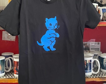 Blue Kitty Cat Screen Printed T-Shirt: Unisex Cotton Kitten Tee