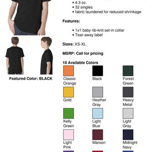 May include: A black cotton crew neck t-shirt for boys, made from 100% combed ringspun cotton. The shirt features a 1x1 baby rib-knit set-in collar and a tear-away label. The shirt is available in 18 colors, including classic orange, black, forest green, gold, heather gray, heavy metal, kelly green, light blue, light gray, light pink, maroon, midnight navy, purple rush, red, royal, turquoise, warm gray, and white.