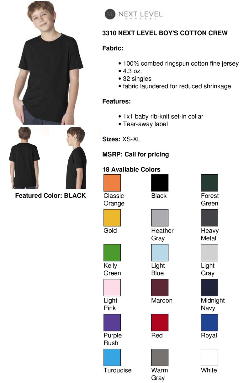 May include: A black cotton crew neck t-shirt for boys, made from 100% combed ringspun cotton. The shirt features a 1x1 baby rib-knit set-in collar and a tear-away label. The shirt is available in 18 colors, including classic orange, black, forest green, gold, heather gray, heavy metal, kelly green, light blue, light gray, light pink, maroon, midnight navy, purple rush, red, royal, turquoise, warm gray, and white.
