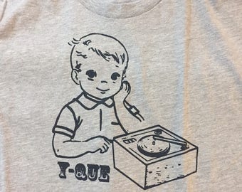 Super Cute Record Boy Screen Printed Heather Gray Unisex T Shirt Vinyl Record Player