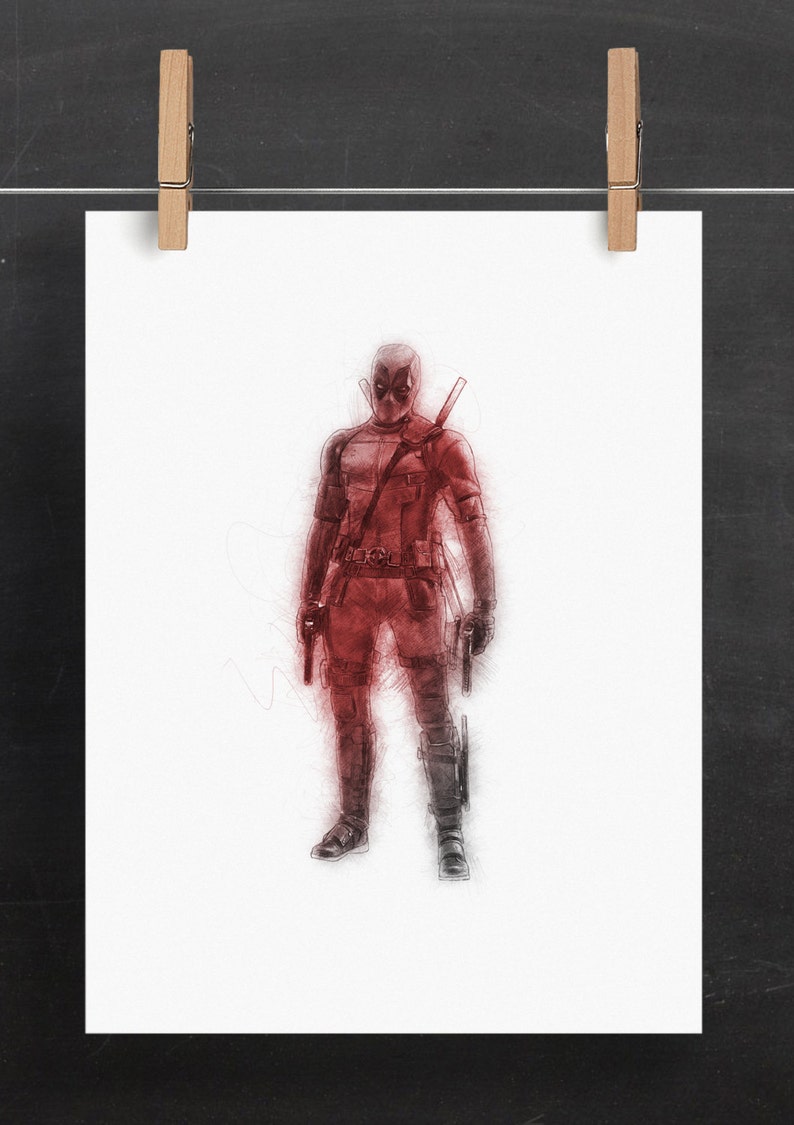 Deadpool Print, Wade Wilson Poster, Marvel Print, Digital Pencil Sketch, Weapon XI Print, Comic Book present, Nerd gift, Superhero Print image 1