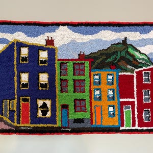 Jelly Bean Row House,  Hooked Rug Wall Hanging, hand hooked rug, hand hooked wall art, handmade rug, custom wall hanging, Nfld hooked rug