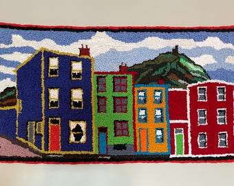 Jelly Bean Row House,  Hooked Rug Wall Hanging, hand hooked rug, hand hooked wall art, handmade rug, custom wall hanging, Nfld hooked rug