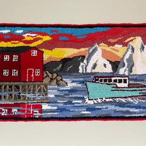 Hand Hooked Rug Wall Hanging, hand hooked rug, hand hooked wall art, handmade rug, hand-hooked rug, iceberg hooked rug, fishing stage rug