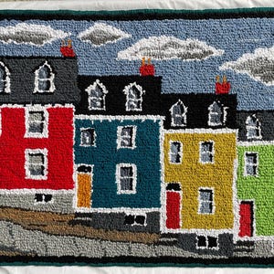 Jelly Bean Row House,  Hooked Rug Wall Hanging, hand hooked rug, hand hooked wall art, handmade rug, custom wall hanging, Nfld hooked rug