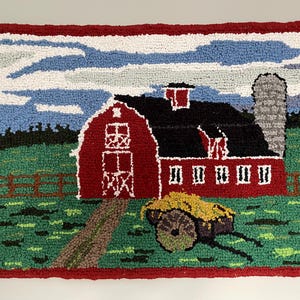 Hand Hooked Rug Wall Hanging, hand hooked rug, hand hooked wall art, handmade rug, hand-hooked rug, hooked rug barn, red barn hooked rug