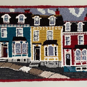 Jelly Bean Row House,  Hooked Rug Wall Hanging, hand hooked rug, hand hooked wall art, handmade rug, custom wall hanging, Nfld hooked rug