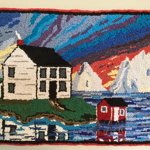 Hand Hooked Rug Wall Hanging, hand hooked rug, hand hooked wall art, handmade rug, hand-hooked rug, iceberg hooked rug, fishing stage rug