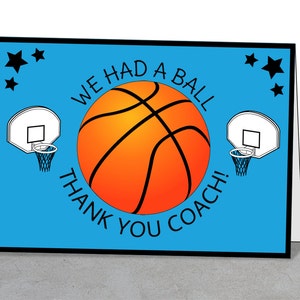 Tarjeta de agradecimiento de baloncesto, tarjeta de entrenador, tarjeta de equipo, descarga instantánea, fiesta de aros, tarjeta de aros, estrellas deportivas, deportes gracias, tarjeta de felicitación