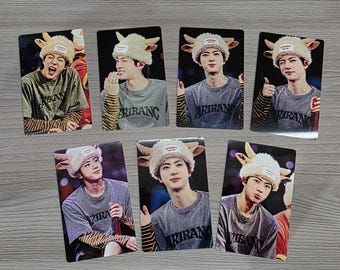 May include: Six rectangular photo cards featuring a person wearing a fuzzy beige animal-ear hat and a gray t-shirt with the text ARIRANG printed on the front. The person is also wearing a long-sleeved shirt with brown and black horizontal stripes underneath.