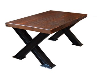 Reclaimed Douglas Fir Coffee Table // Industrial I Beam 'X' Style Steel Legs
